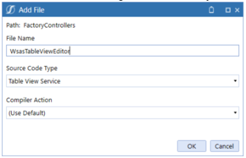 Add File dialog box to configure the dashboard service file that features the file name, source code type, and compiler action.